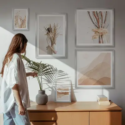 Billedkomposition til væg med stilfulde boho planter og landskaber