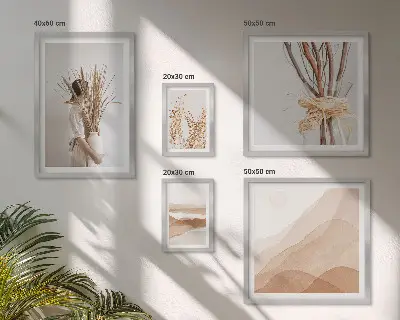 Billedkomposition til væg med stilfulde boho planter og landskaber