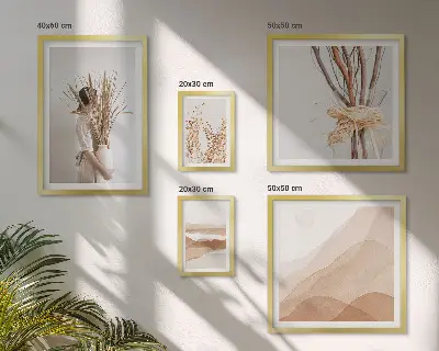 Billedkomposition til væg med stilfulde boho planter og landskaber
