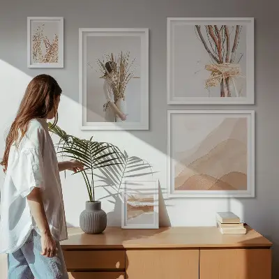 Billedkomposition til væg med stilfulde boho planter og landskaber