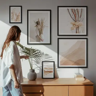 Billedkomposition til væg med stilfulde boho planter og landskaber