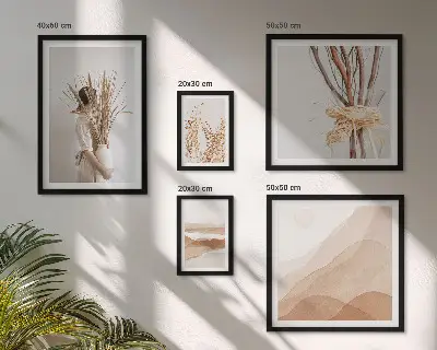 Billedkomposition til væg med stilfulde boho planter og landskaber