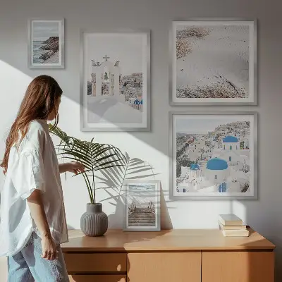 Billedsæt over sofa motiv af grækenlands hvide landskaber