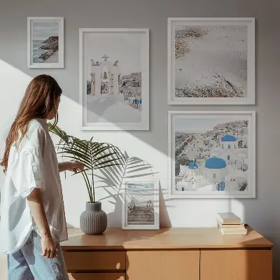 Billedsæt over sofa motiv af grækenlands hvide landskaber