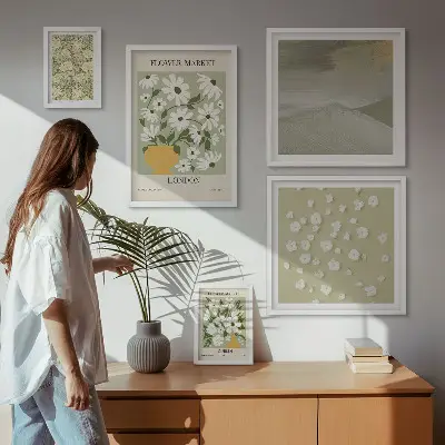 Billedkomposition til væg med blomstermotiver i bymiljø