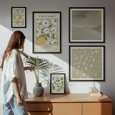 Billedkomposition til væg med blomstermotiver i bymiljø