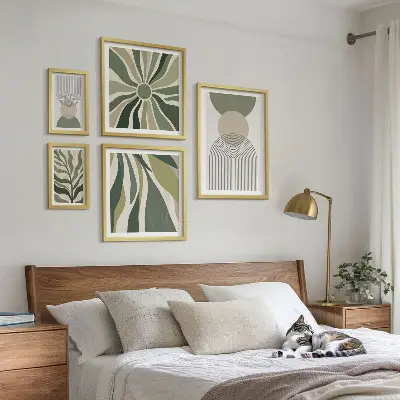 Billedsæt til væg over sofa stilfulde abstrakte motiver i grønne nuancer