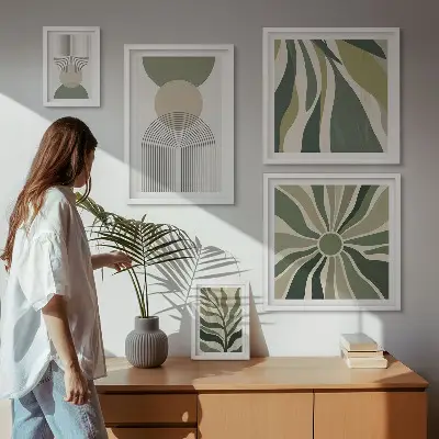 Billedsæt til væg over sofa stilfulde abstrakte motiver i grønne nuancer