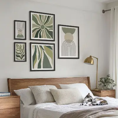 Billedsæt til væg over sofa stilfulde abstrakte motiver i grønne nuancer