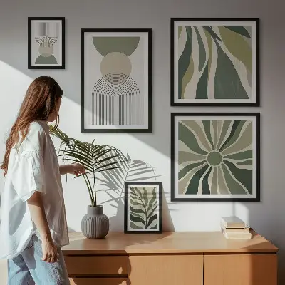 Billedsæt til væg over sofa stilfulde abstrakte motiver i grønne nuancer