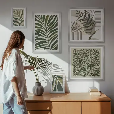 Billedsæt over sofa med moderne plantemønstre