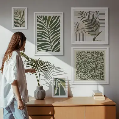 Billedsæt over sofa med moderne plantemønstre