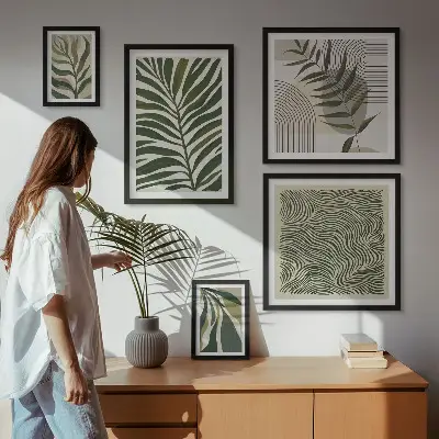 Billedsæt over sofa med moderne plantemønstre