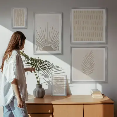 Billedsæt til væg over sofa stilfuld dekoration med naturgeometriske motiver