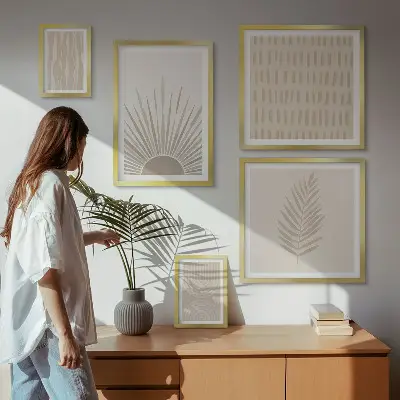 Billedsæt til væg over sofa stilfuld dekoration med naturgeometriske motiver