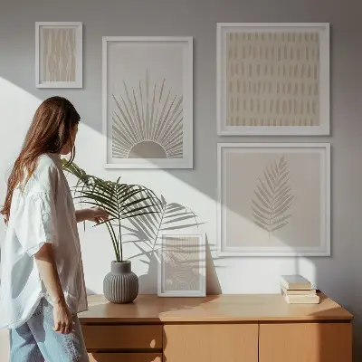 Billedsæt til væg over sofa stilfuld dekoration med naturgeometriske motiver