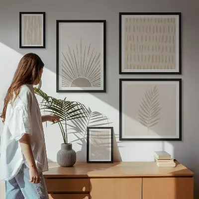 Billedsæt til væg over sofa stilfuld dekoration med naturgeometriske motiver