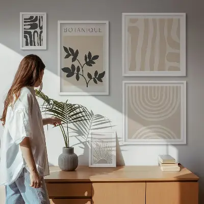 Billedsæt over sofa med stilfulde neutrale plantemotiver