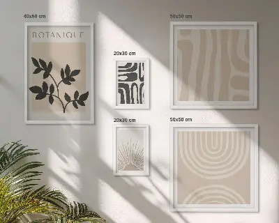 Billedsæt over sofa med stilfulde neutrale plantemotiver