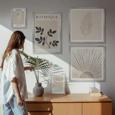Billedkomposition til væg med stilfulde blomstergeometriske dekorationer