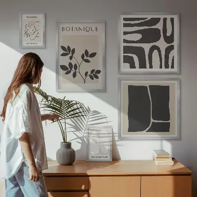 Stilfuld abstrakt plantegrafik billedsæt til over sofa