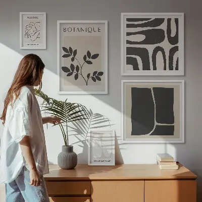 Stilfuld abstrakt plantegrafik billedsæt til over sofa