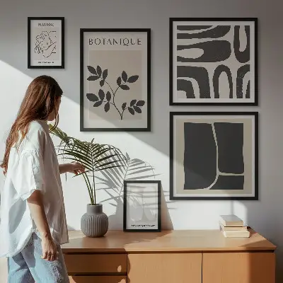 Stilfuld abstrakt plantegrafik billedsæt til over sofa