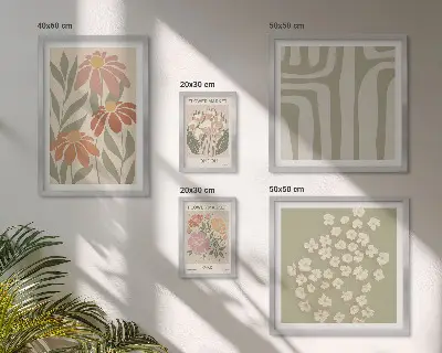 Billedsæt til væggen over sofaen med blomstermønstre i London og Paris boho-stil