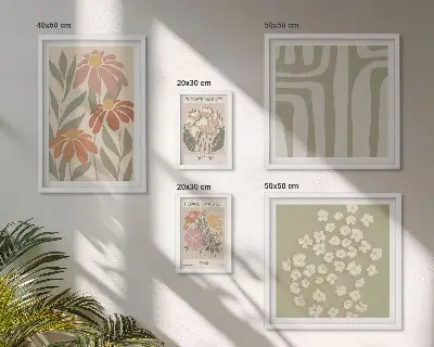 Billedsæt til væggen over sofaen med blomstermønstre i London og Paris boho-stil