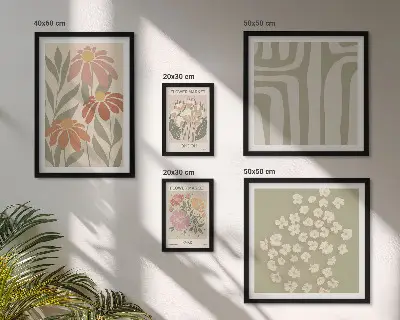 Billedsæt til væggen over sofaen med blomstermønstre i London og Paris boho-stil