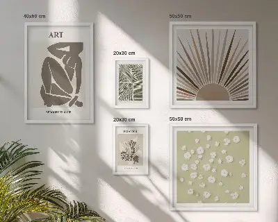 Billedsæt over sofa med stilfuld abstrakt plantegrafik