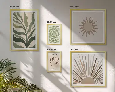 Billedsæt over sofa med stilfuld abstrakt plantegrafik