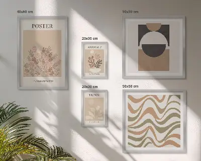 Billedsæt over sofa med stilfulde planteabstraktioner