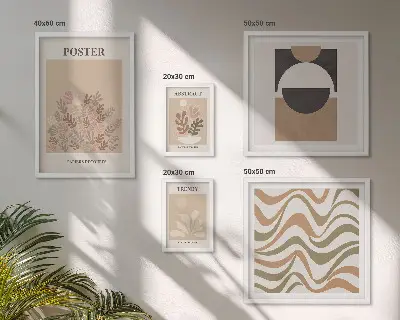 Billedsæt over sofa med stilfulde planteabstraktioner
