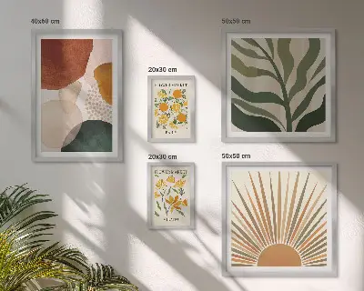 Billedkomposition til væg med stilfuld plantegrafik og geometri