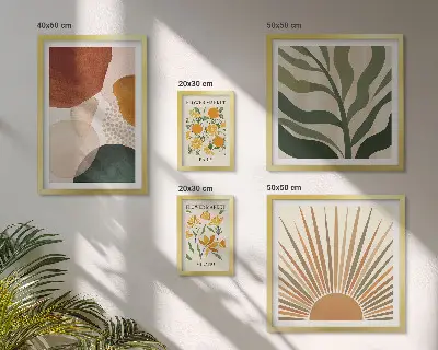 Billedkomposition til væg med stilfuld plantegrafik og geometri