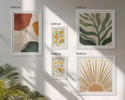 Billedkomposition til væg med stilfuld plantegrafik og geometri