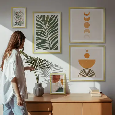 Billedsæt over sofa med boho plantemønstre og former