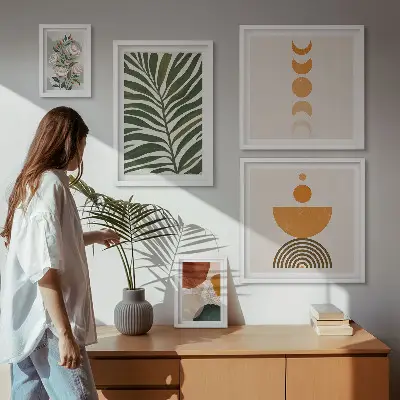 Billedsæt over sofa med boho plantemønstre og former