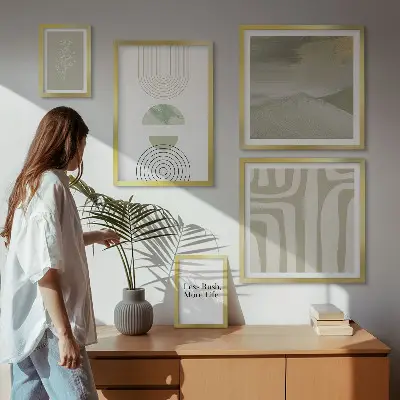 Billedsæt over sofa stilfuld naturgrafik i pastelfarver