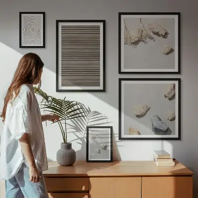 Billedsæt over sofa med naturlige teksturer af træ og sten