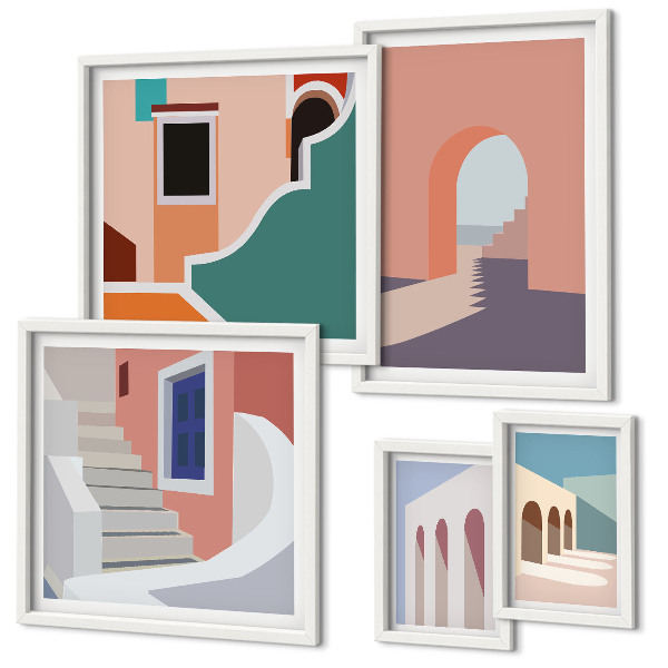 Billedsæt over sofa Pastel arkitektonisk grafik