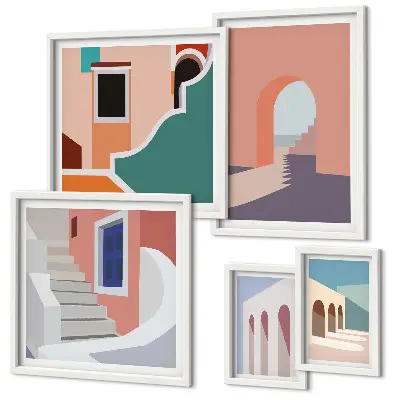 Pastel arkitektonisk grafik billedsæt til ophængning over sofaen