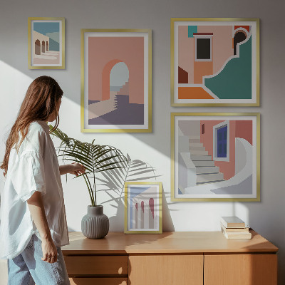 Billedsæt over sofa Pastel arkitektonisk grafik