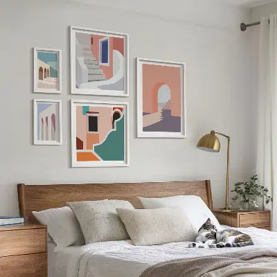 Pastel arkitektonisk grafik billedsæt til ophængning over sofaen