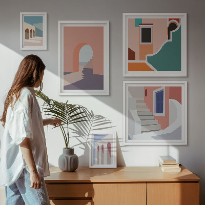 Billedsæt over sofa Pastel arkitektonisk grafik