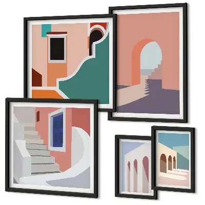 Pastel arkitektonisk grafik billedsæt til ophængning over sofaen