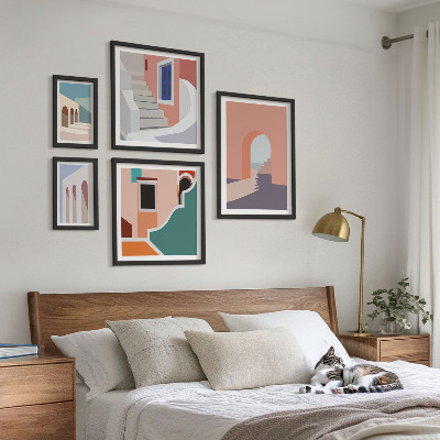 Billedsæt over sofa Pastel arkitektonisk grafik