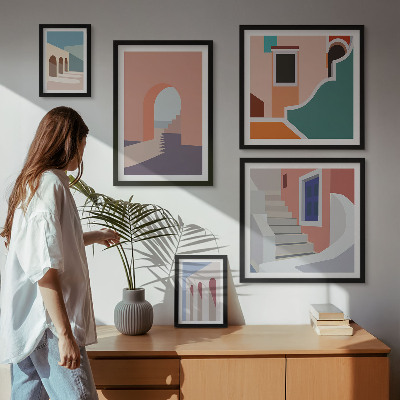 Billedsæt over sofa Pastel arkitektonisk grafik