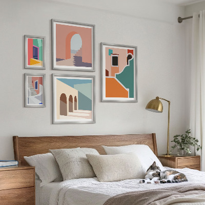 Billedsæt over sofa Farverige illustrationer af bygninger